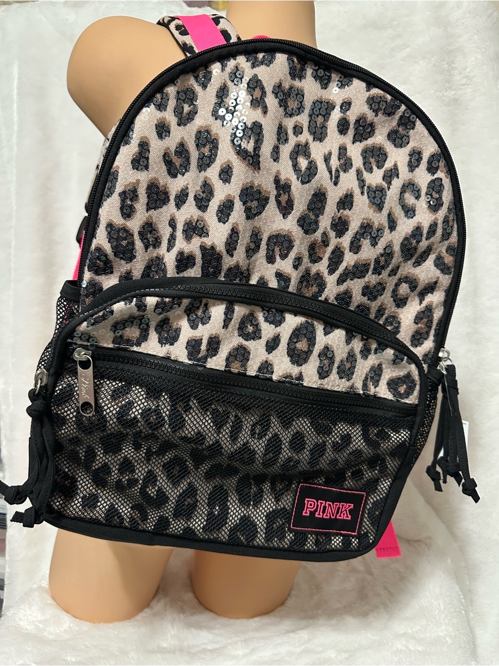 PINK Victoria's Secret Leopard Sequin Backpack in Black and Pink